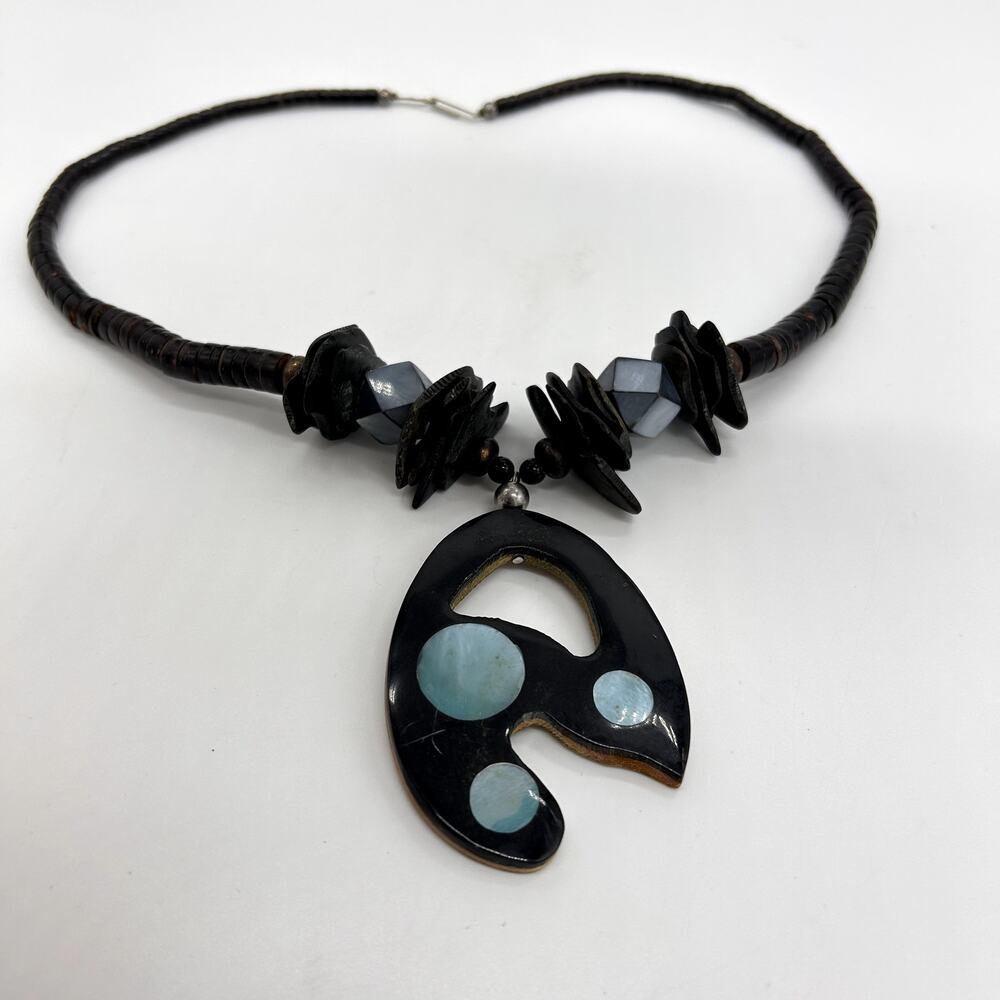 Vintage Wood Necklace Large Statement Abstract Art Wooden Jewelry Blue Black